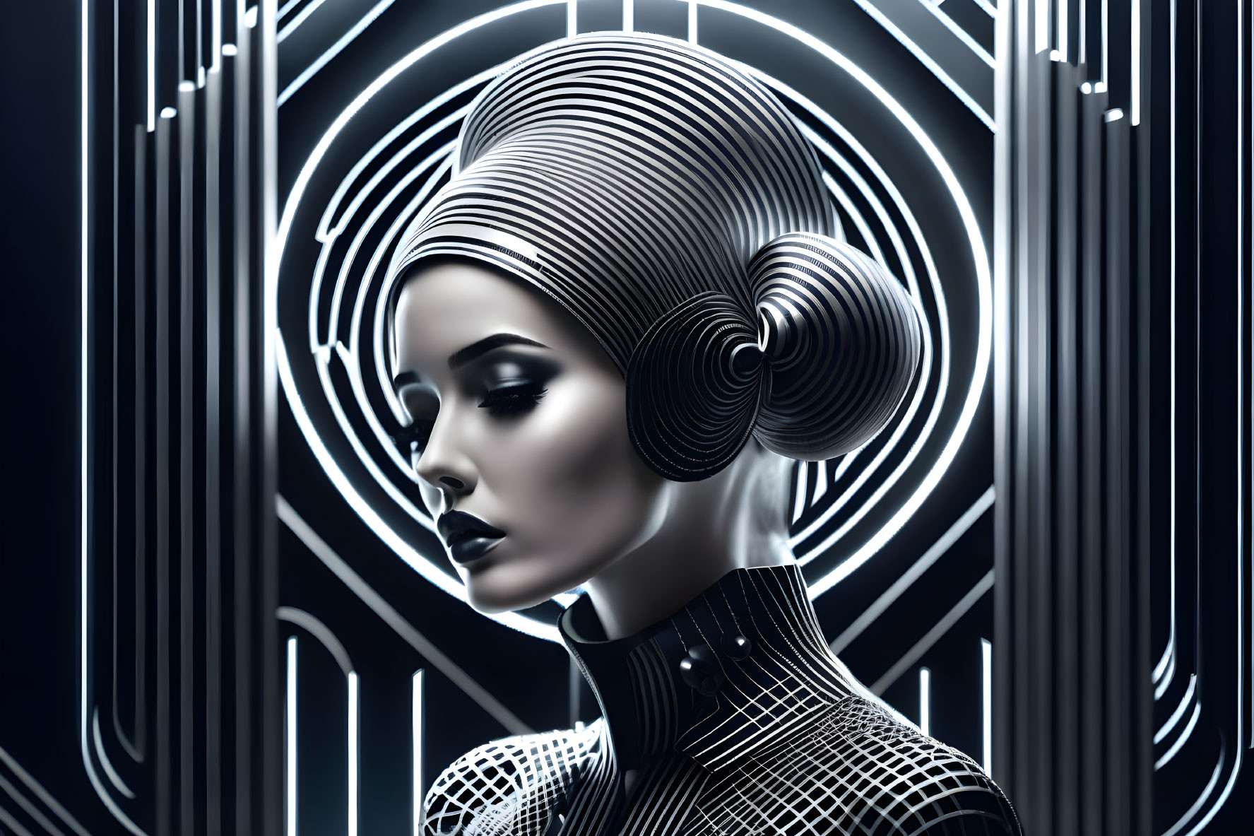 Futuristic woman with intricate hairstyle and modern backdrop