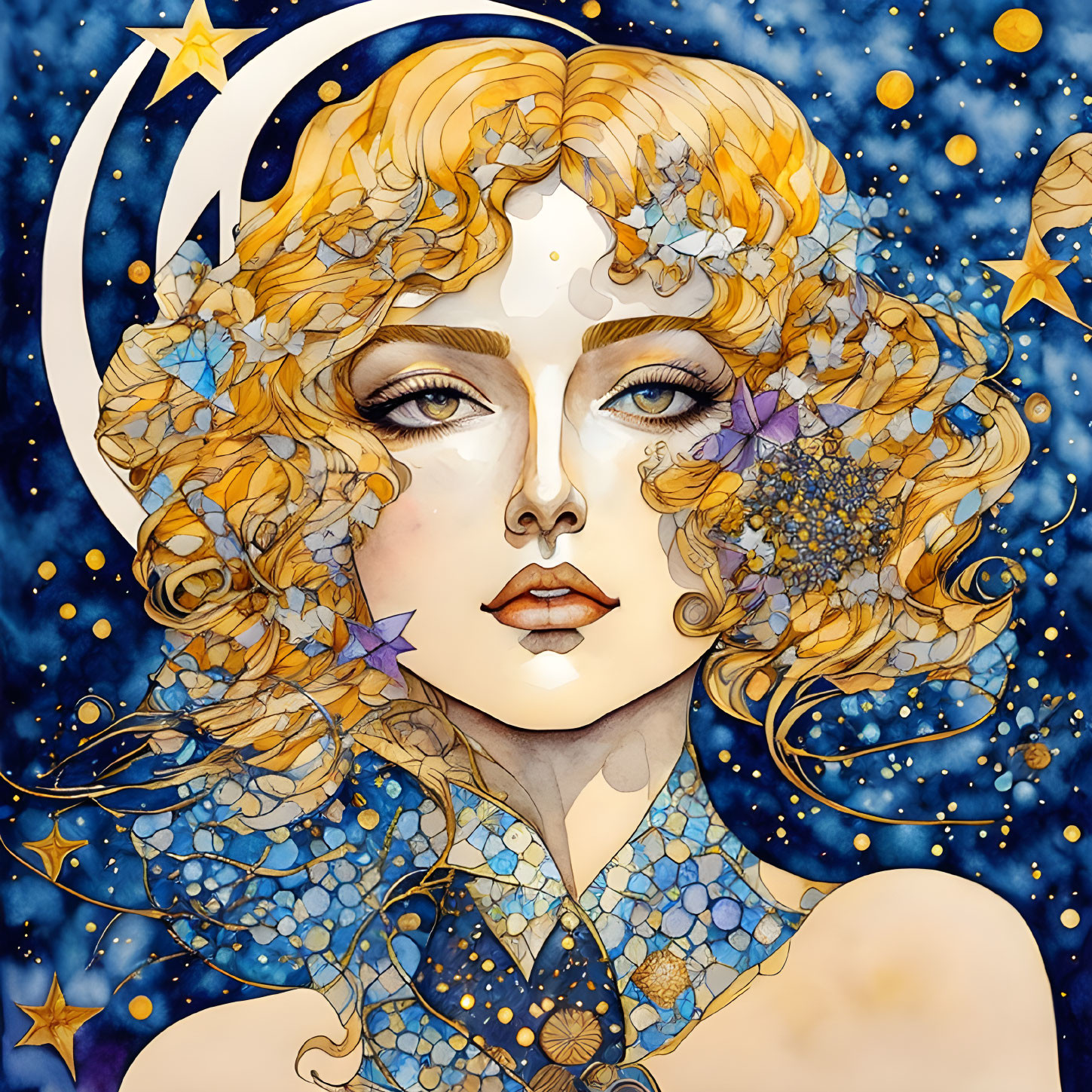 Golden-haired woman surrounded by celestial motifs and stars on a starry night.