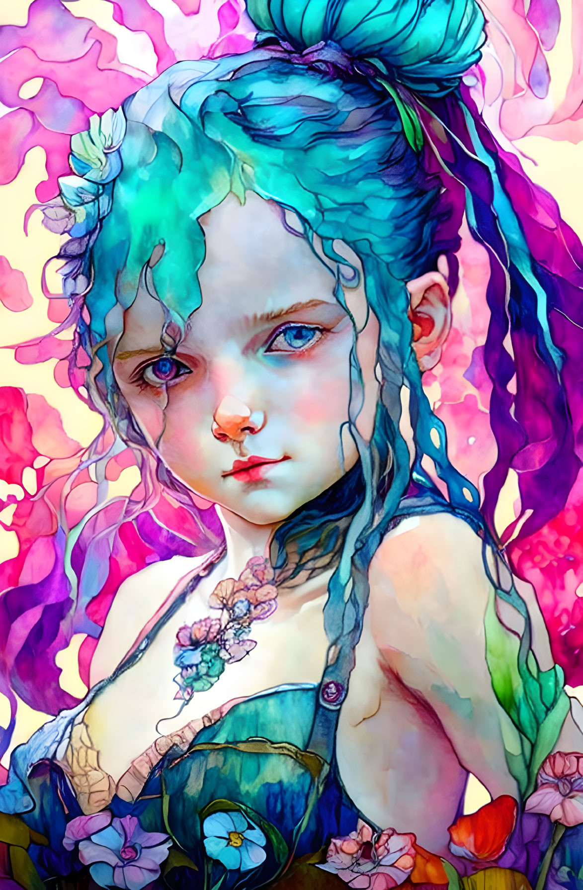 Colorful digital artwork: Young girl with blue-green hair and flowers on vibrant background