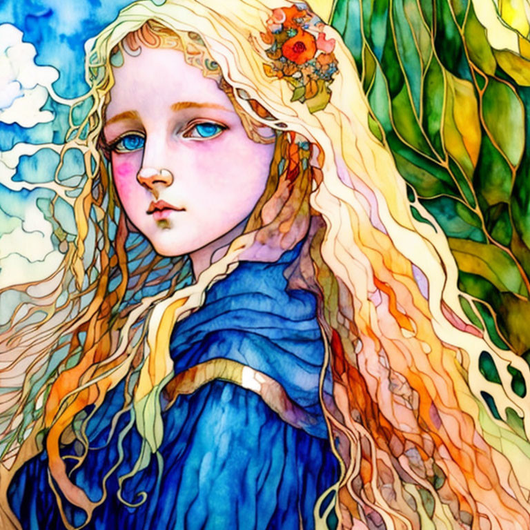 Colorful Illustration: Young Girl with Blue Eyes and Golden Hair in Floral Adornments