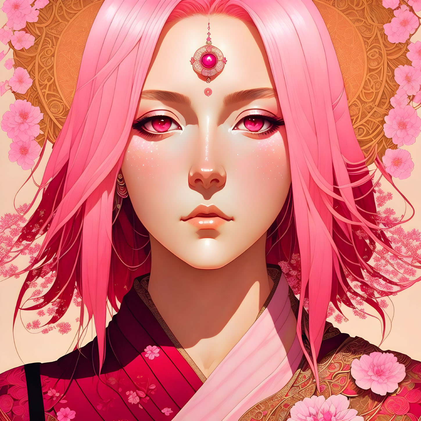 Person with Pink Hair and Forehead Jewel in Cherry Blossom Setting