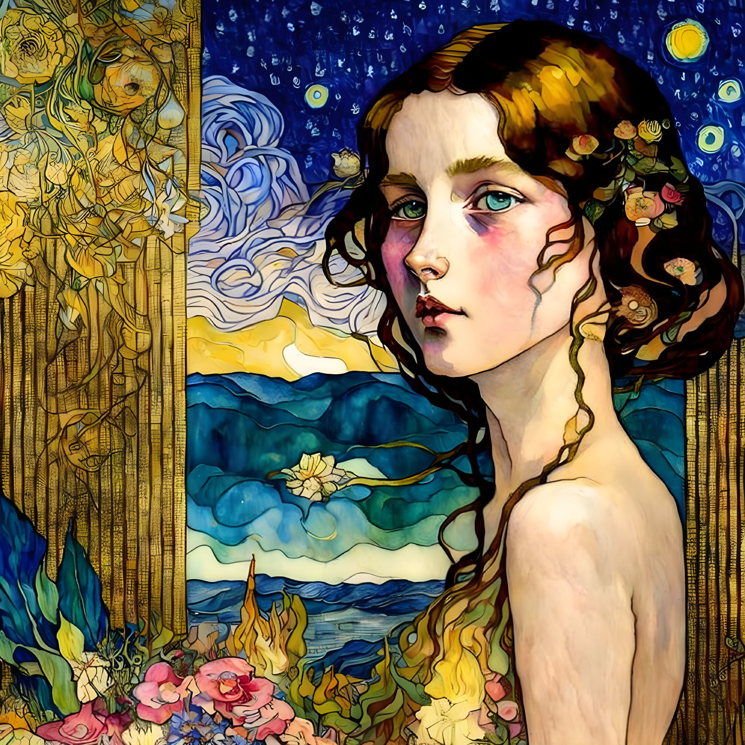 Art Nouveau and modern style portrait of a woman with floral hair against a nature backdrop.