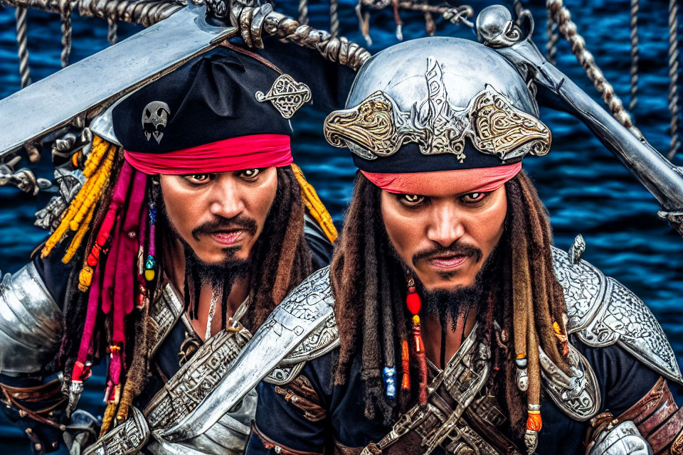 Two people in pirate costumes posing with ship rigging backdrop.