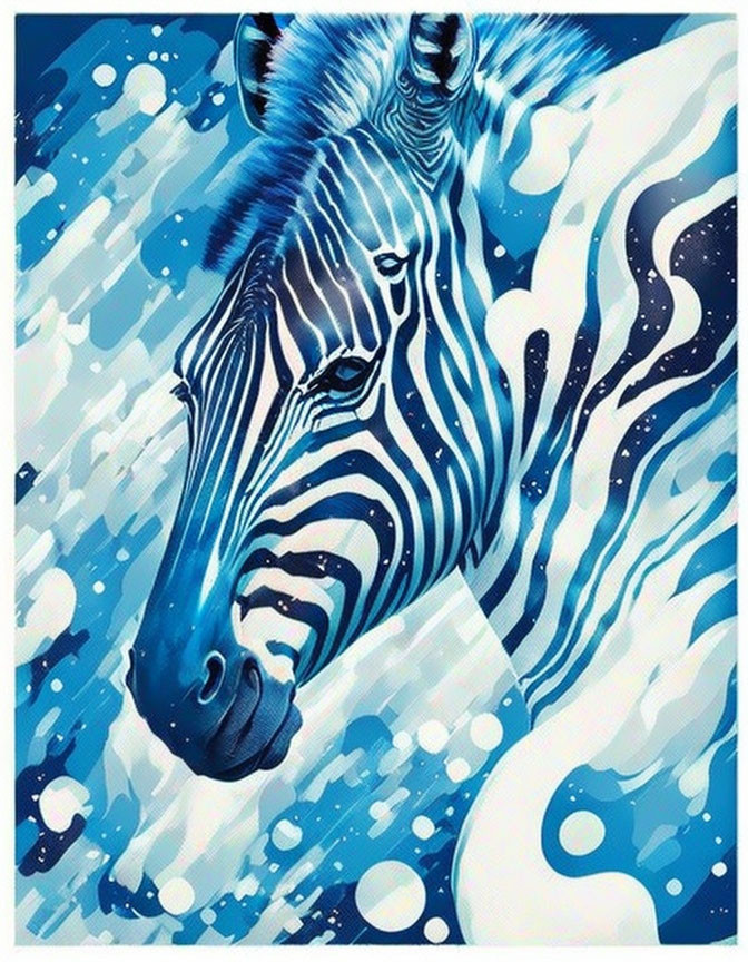 Stylized zebra illustration with bold stripes on blue splattered background