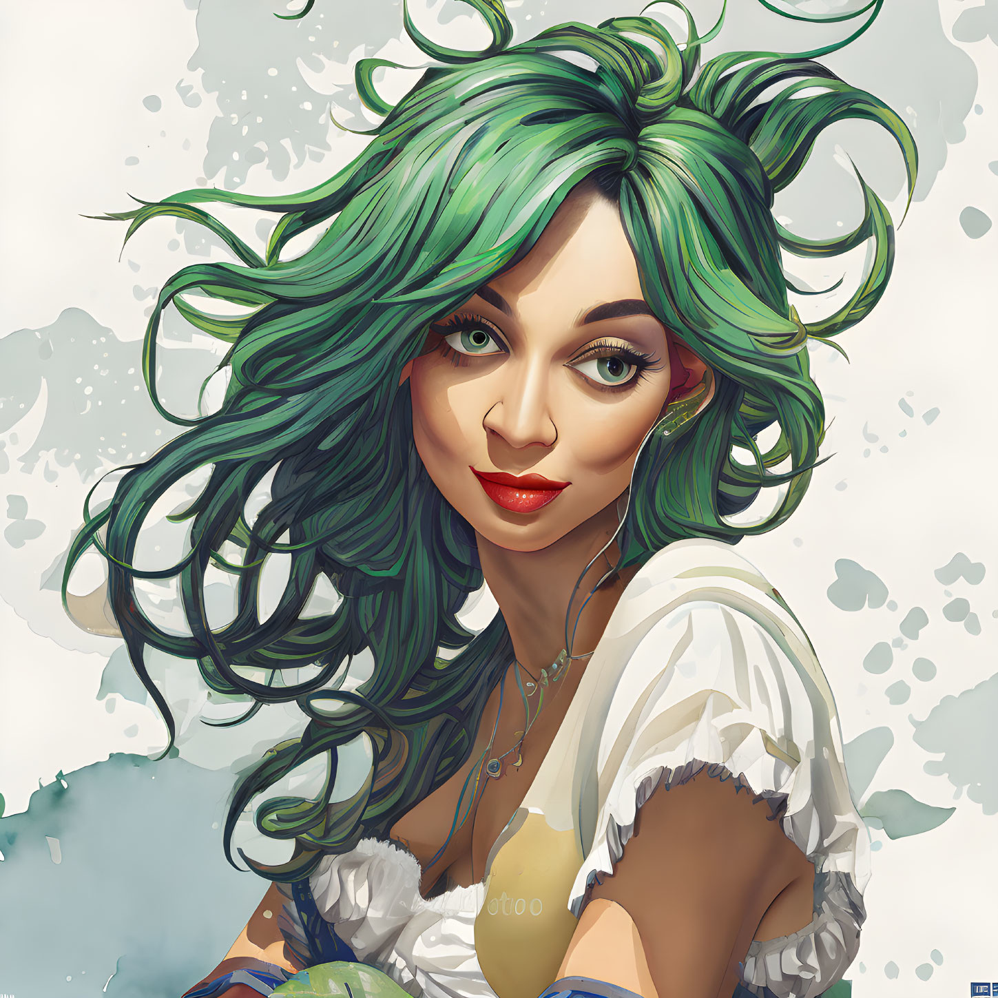 Vibrant green hair woman in white peasant blouse illustration