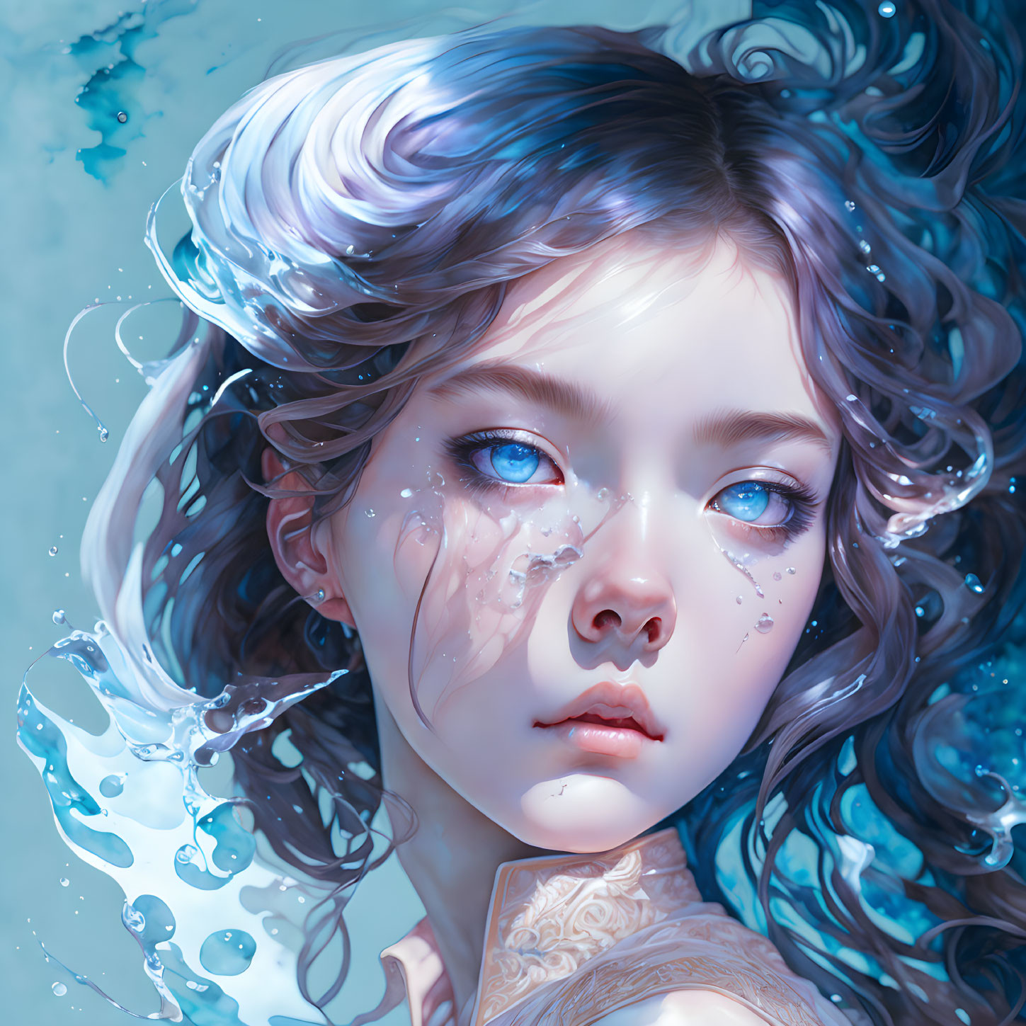 Digital artwork of girl with blue eyes and swirling hair submerged in water