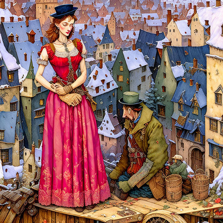 Illustration of woman in red dress & man in green attire exchanging glances in snowy village.