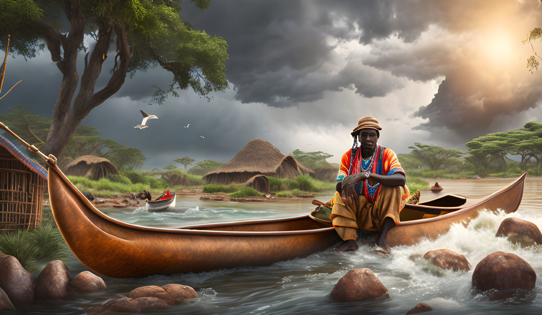 Man in traditional attire paddling canoe on serene river with huts and dramatic sky