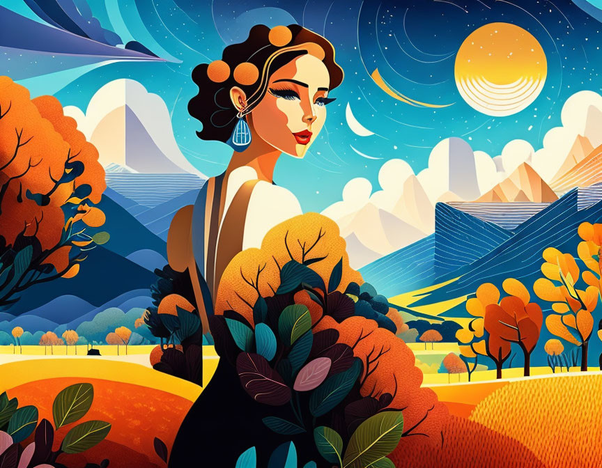 Stylized illustration of woman with autumn foliage in vibrant landscape