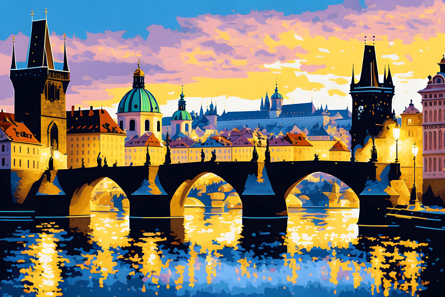 Colorful Sunset Sky Silhouettes Charles Bridge and Prague Castle