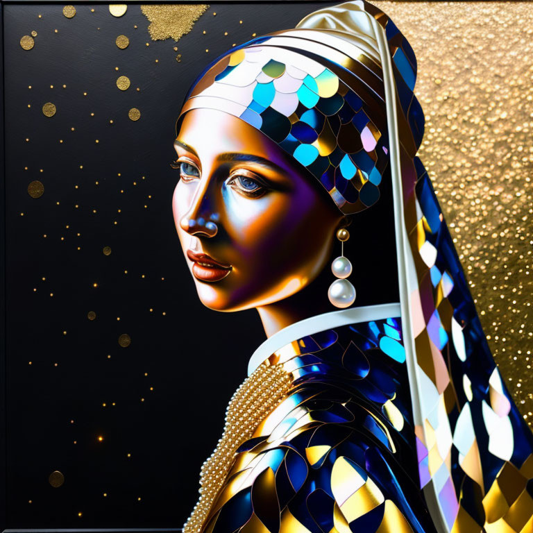 Geometric patterned headdress on woman with pearl earring on black and gold backdrop