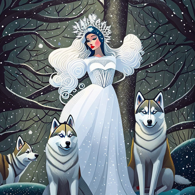 Illustrated woman with snowflake crown in snowy forest with huskies