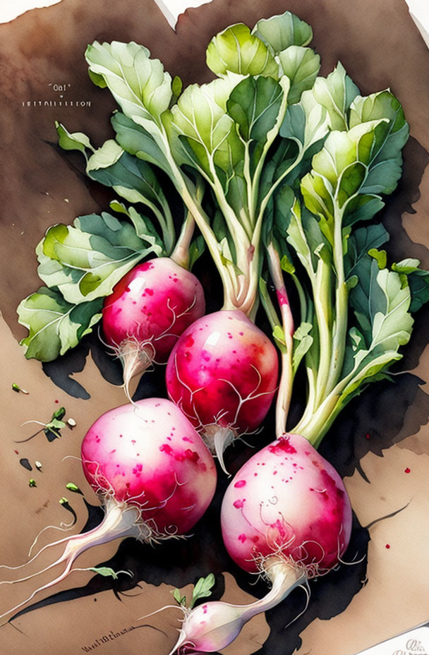 Vibrant watercolor painting of four radishes on brown background