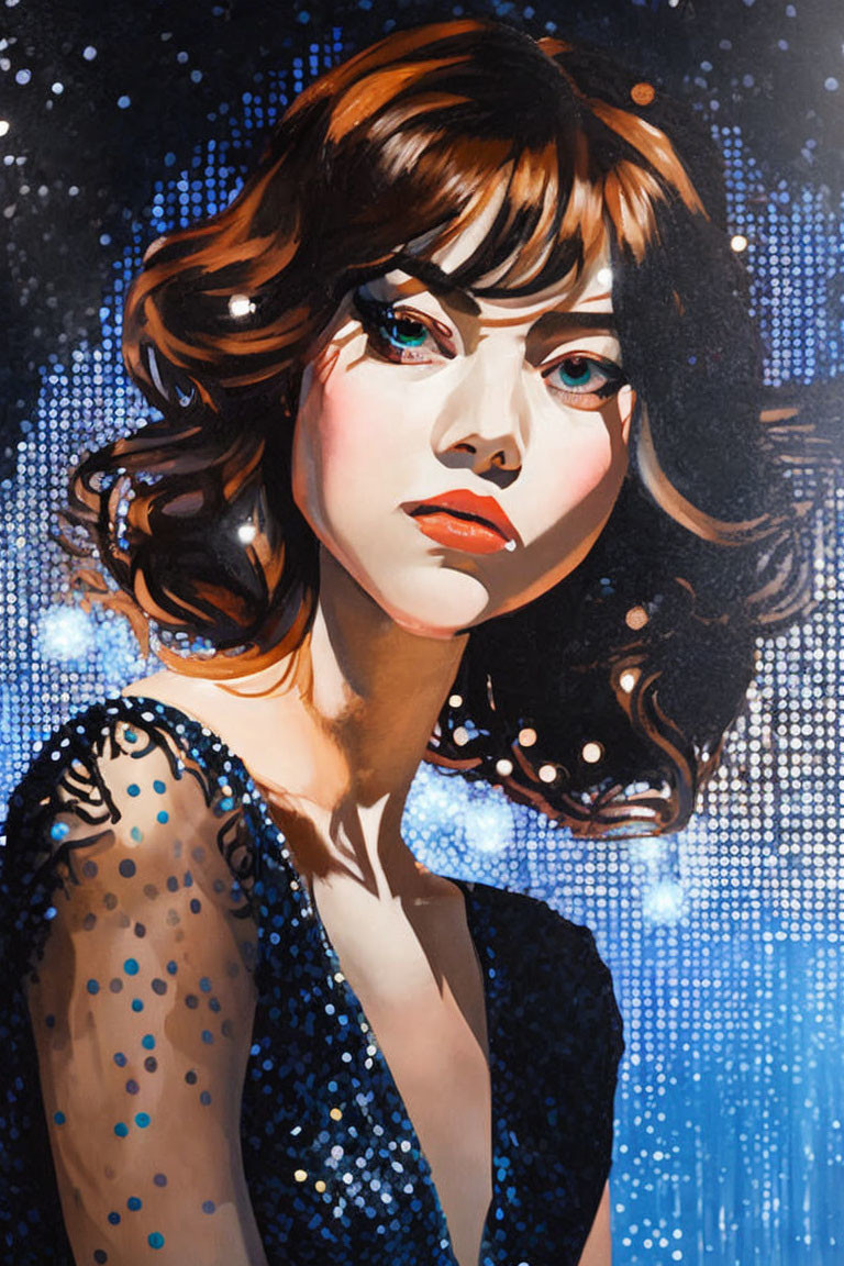 Brunette woman portrait in sequined dress on starry background