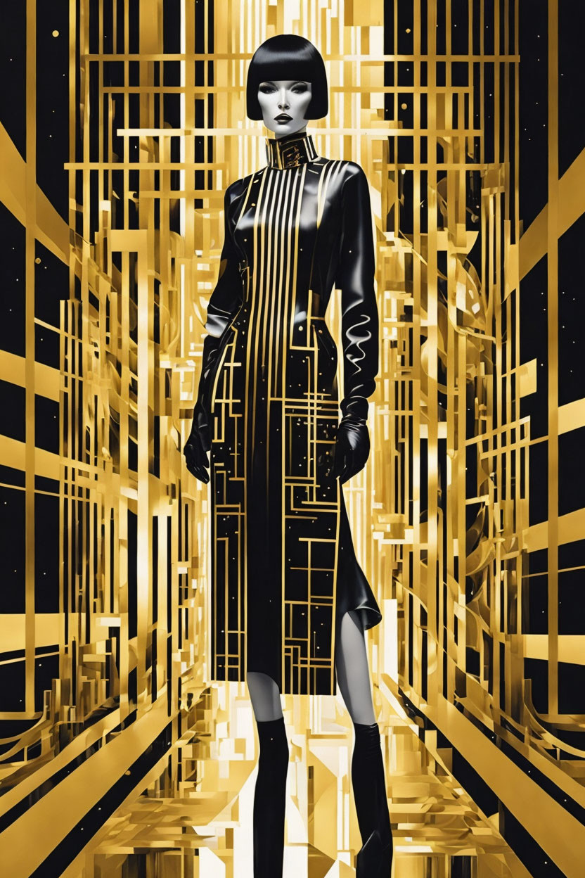 Gold and black stylized female figure in futuristic setting.