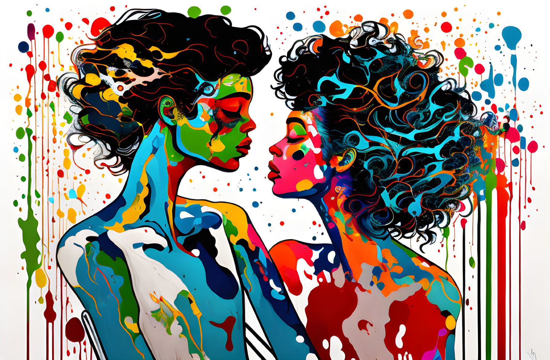 Vibrant abstract art: man and woman profiles with colorful paint splatters