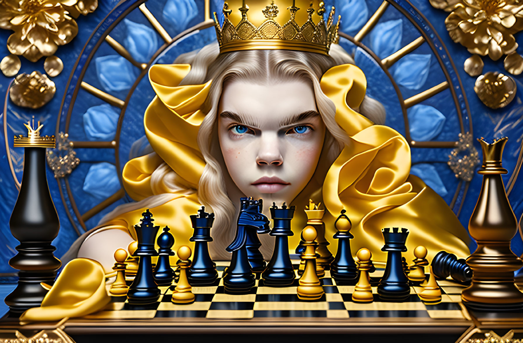 Regal figure with crown at chessboard, gold and blue drapery, intense gaze