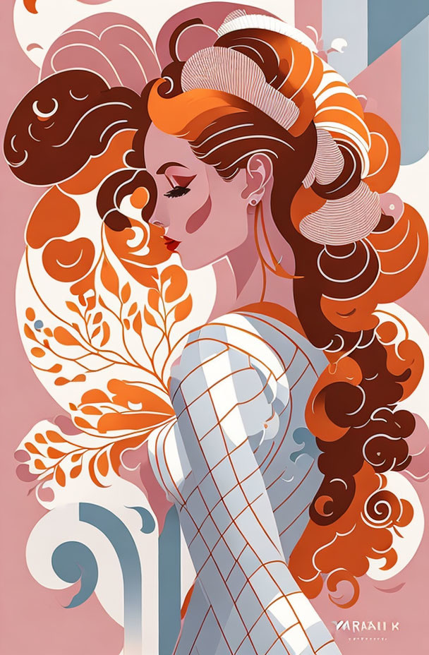 Stylized woman with red hair in floral patterns and checkered dress on pastel background