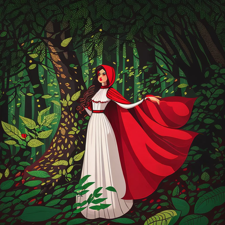 Stylized woman in red cape and white dress in lush green forest