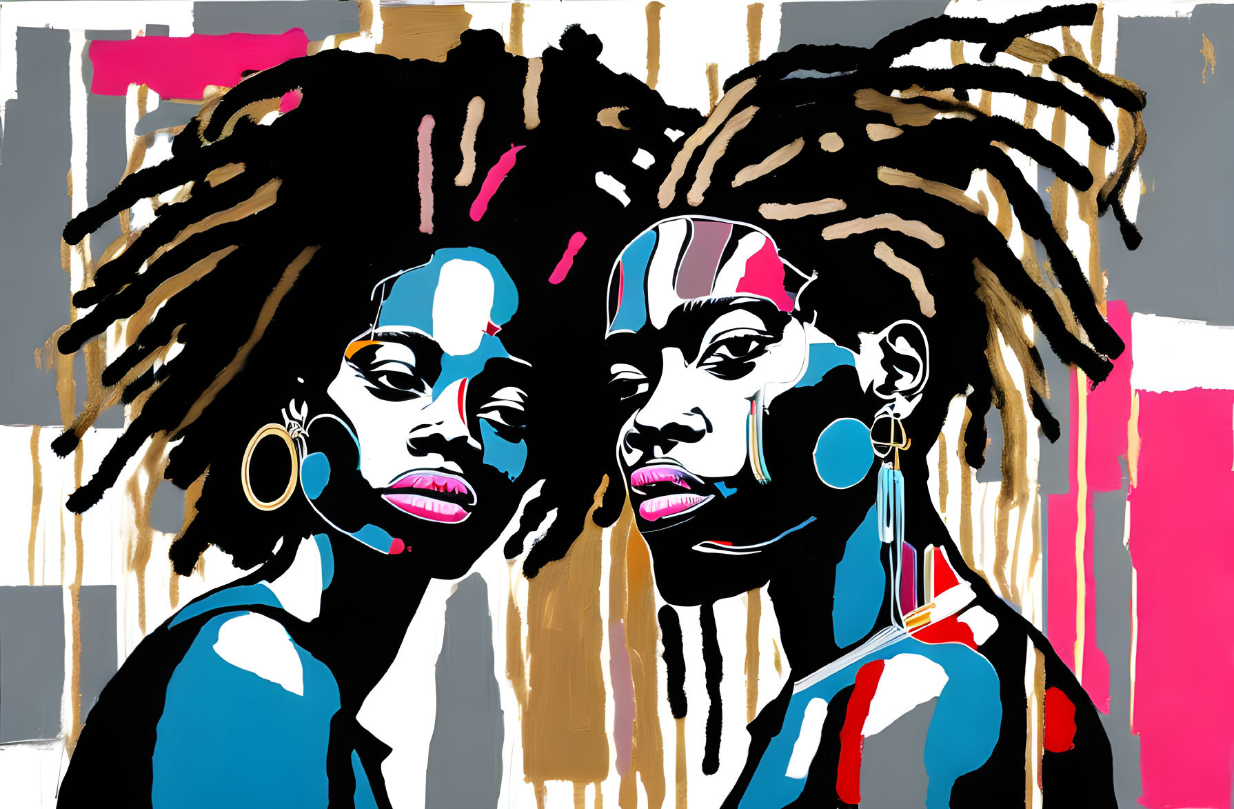 Stylized portraits of a woman with dreadlocks and bold makeup on abstract pink, black, and