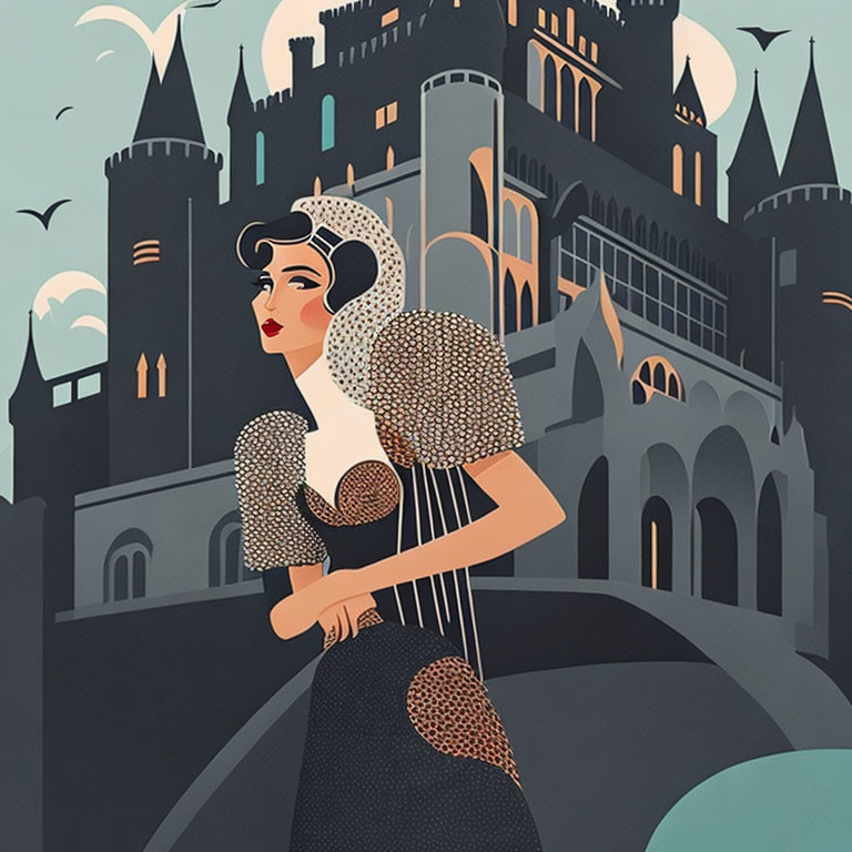 Woman with vintage hairstyle at gothic castle with birds in muted tones