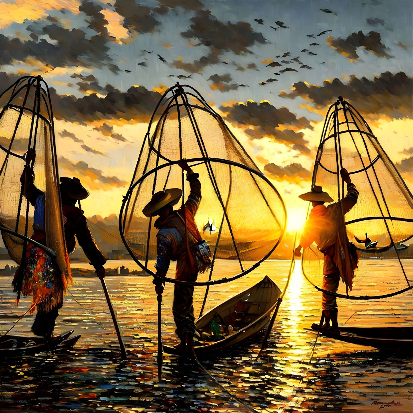 Fishermen on Boats at Sunset with Colorful Sky