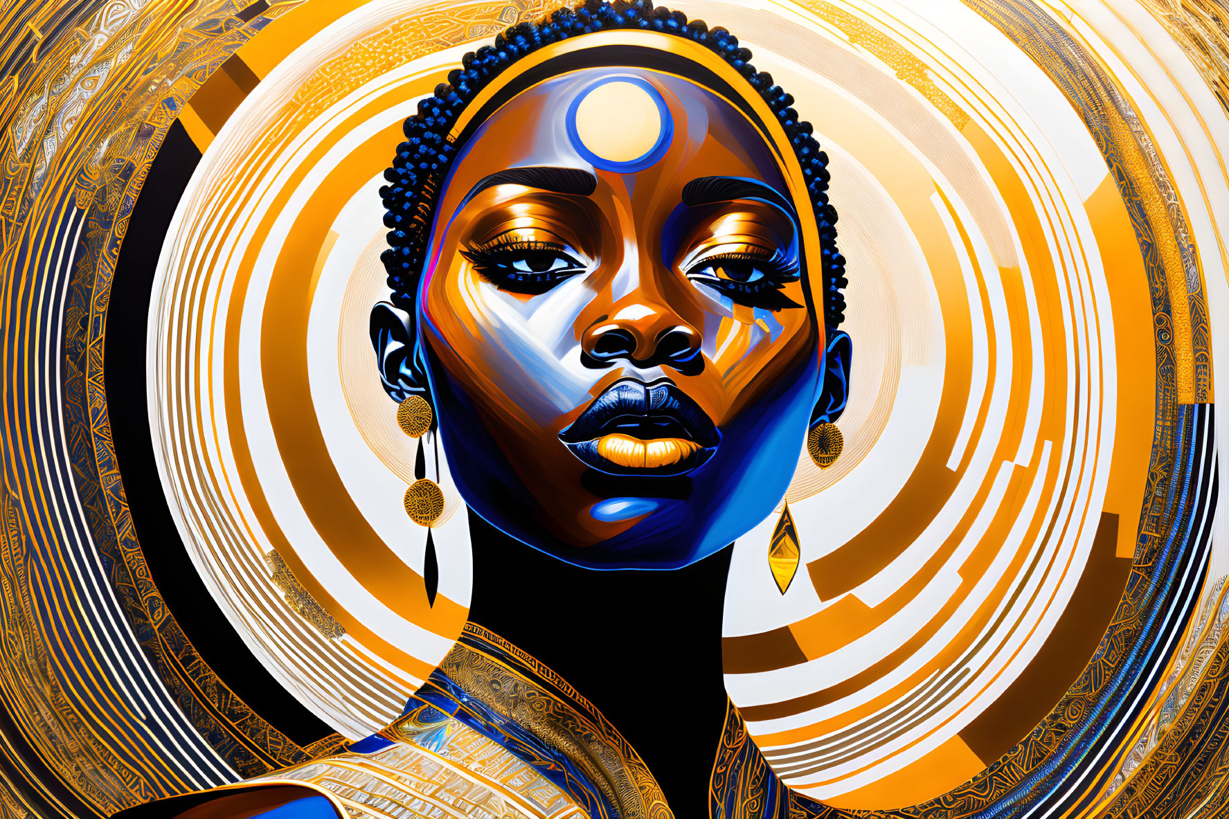 Colorful digital artwork: Woman with gold patterns, blue highlights, traditional jewelry, circular backdrop.