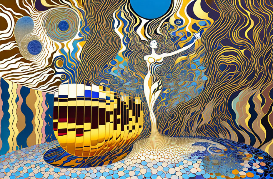 Abstract digital art: Female figure, wavy patterns, pixelated gondola on mosaic surface