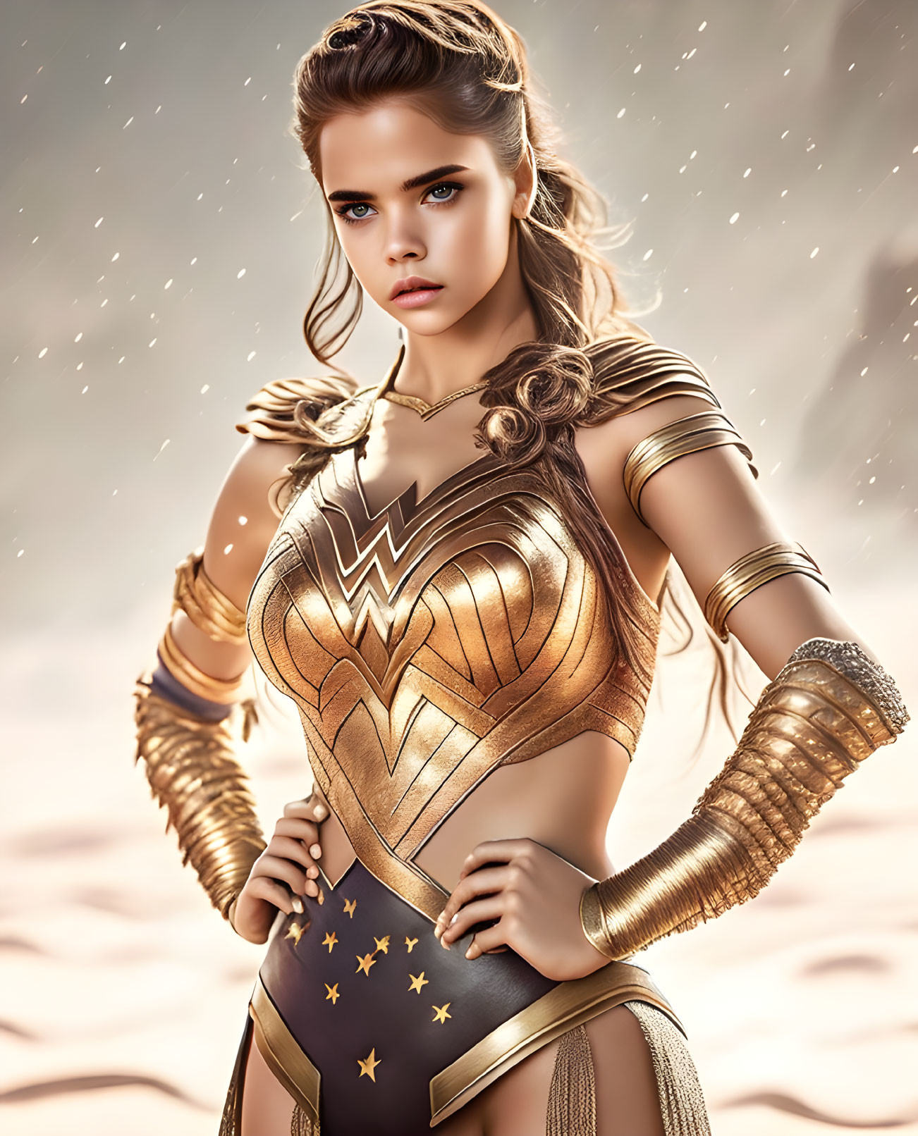 Serious woman in golden armor with Wonder Woman emblem against cloudy backdrop