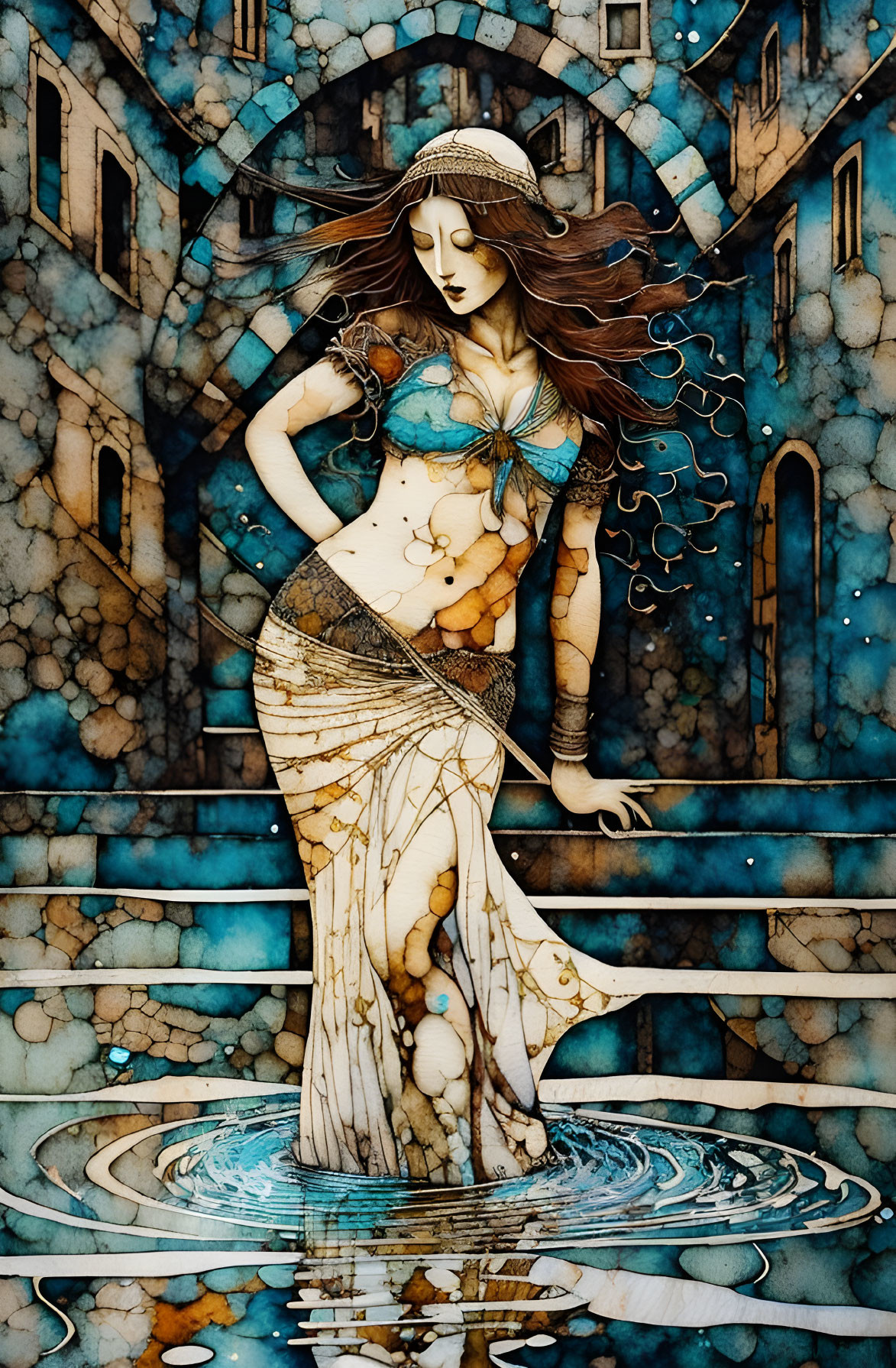 Detailed Stylized Illustration of Woman in Ornate Outfit Standing in Water