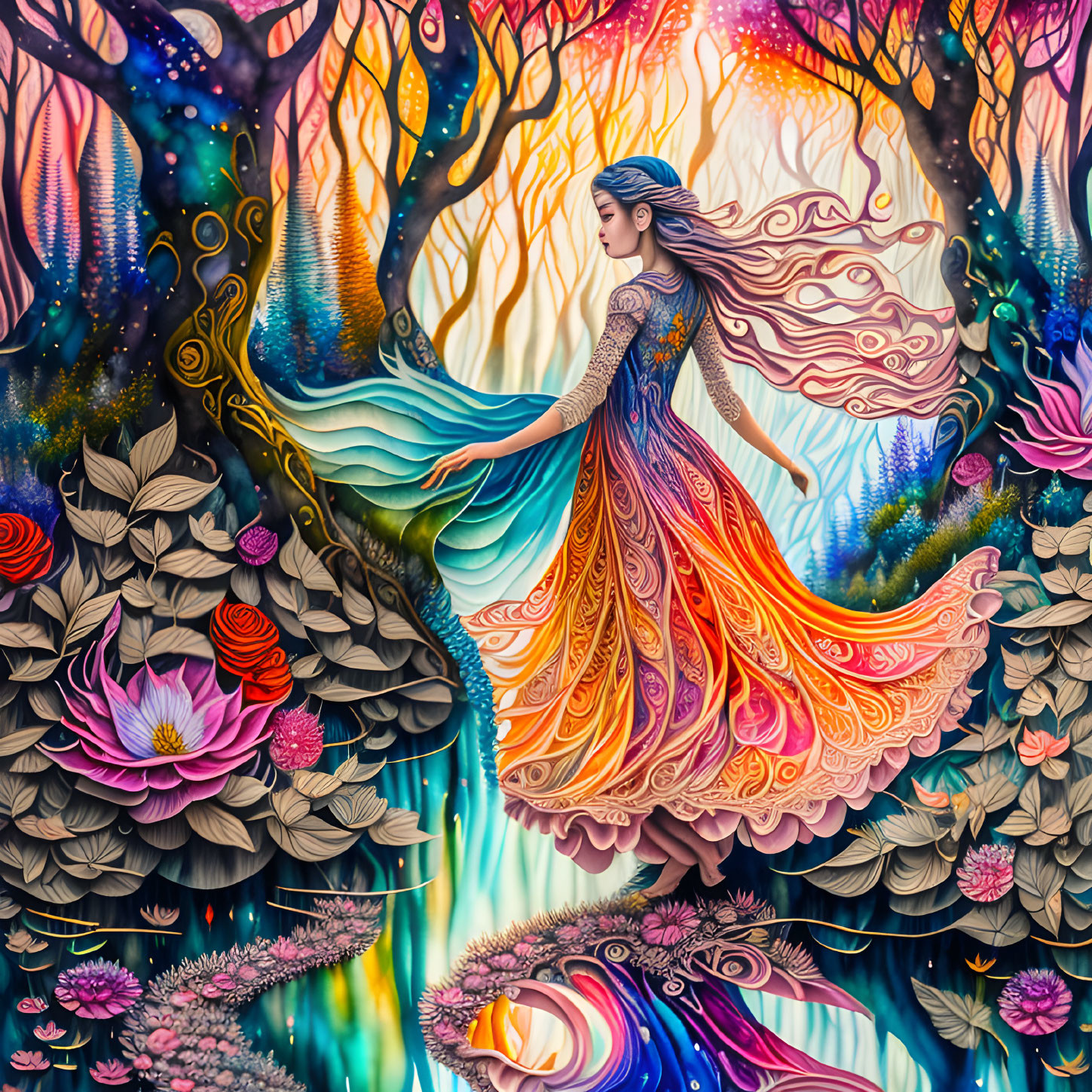 Woman in Vibrant Gown Strolls Mystical Forest with Starry Sky Gradient