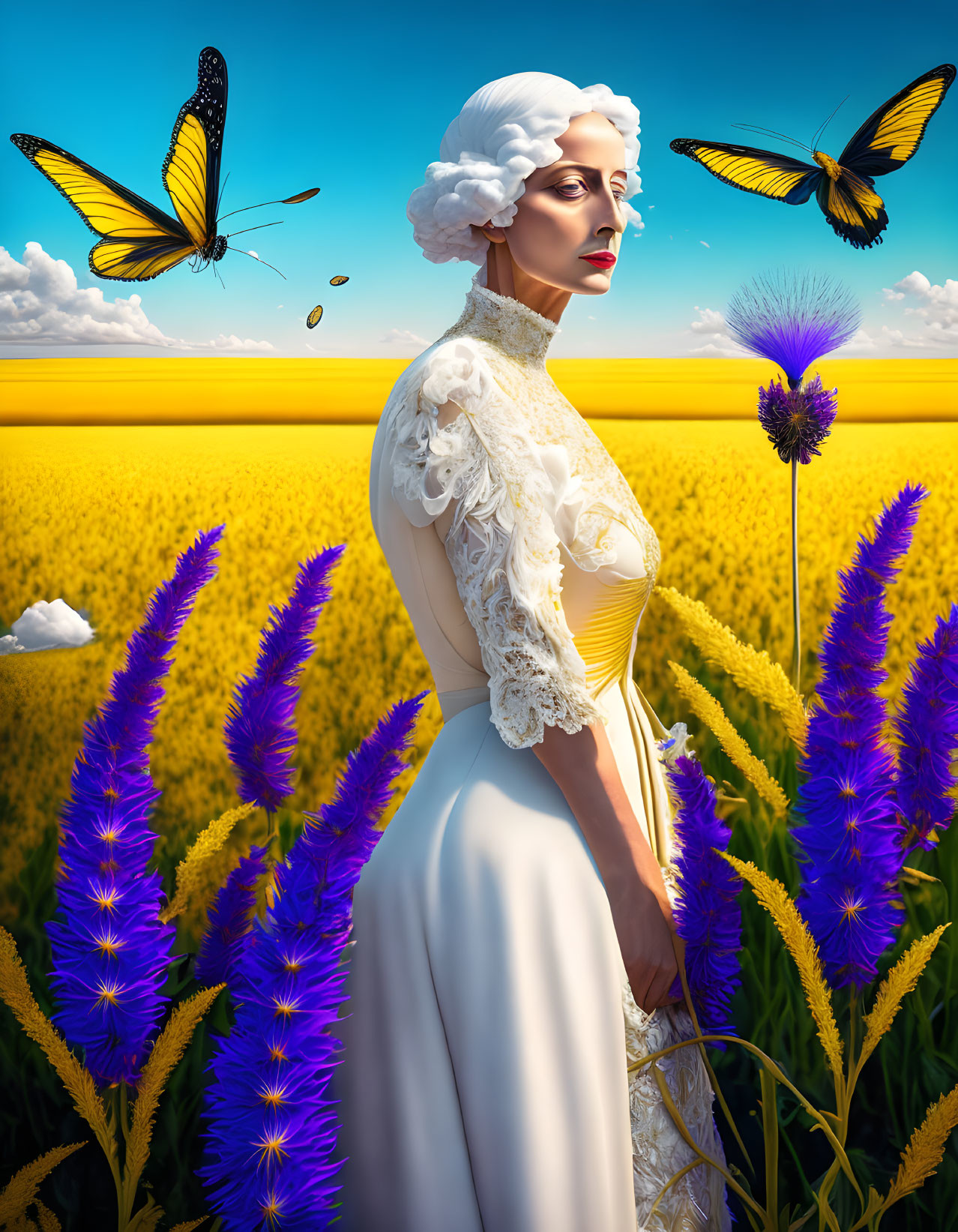 Surreal illustration of elegant woman in vibrant field