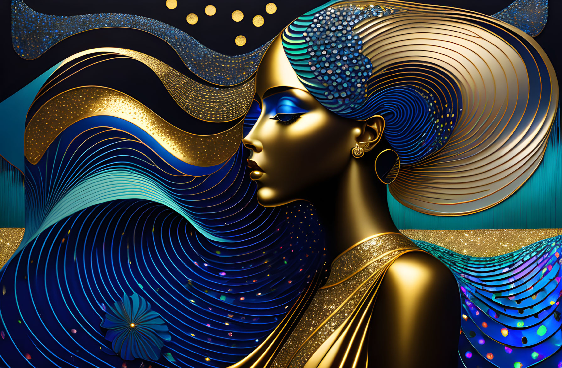 Illustration of woman with blue and gold hair waves and sparkling patterns on dark backdrop