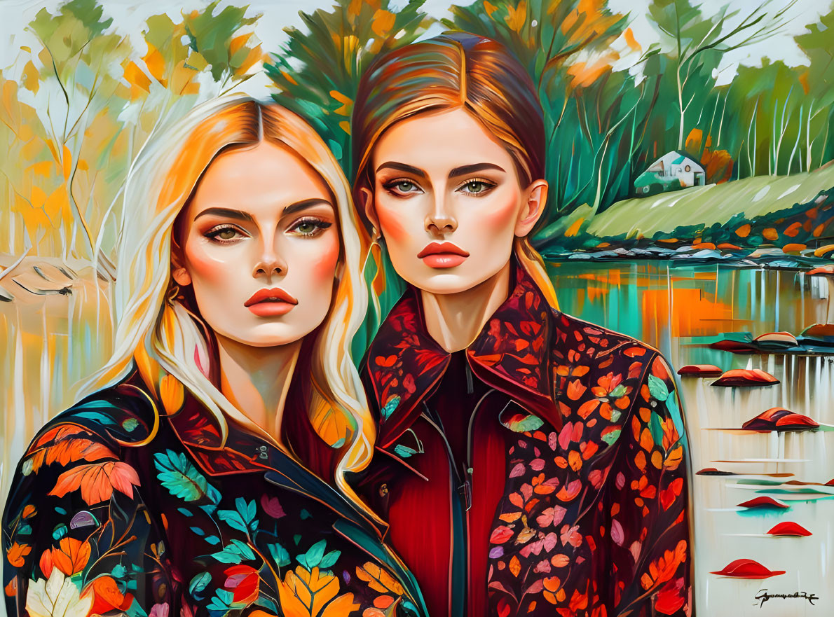 Stylized women in colorful floral attire by serene lake