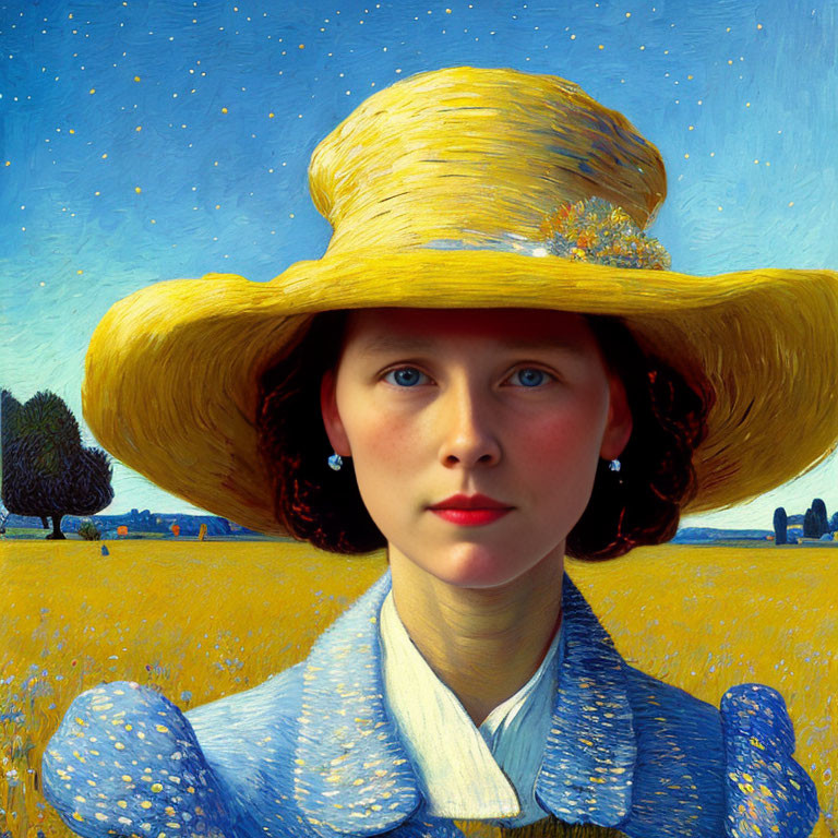 Fair-skinned girl in yellow straw hat under starry sky and wheat field.