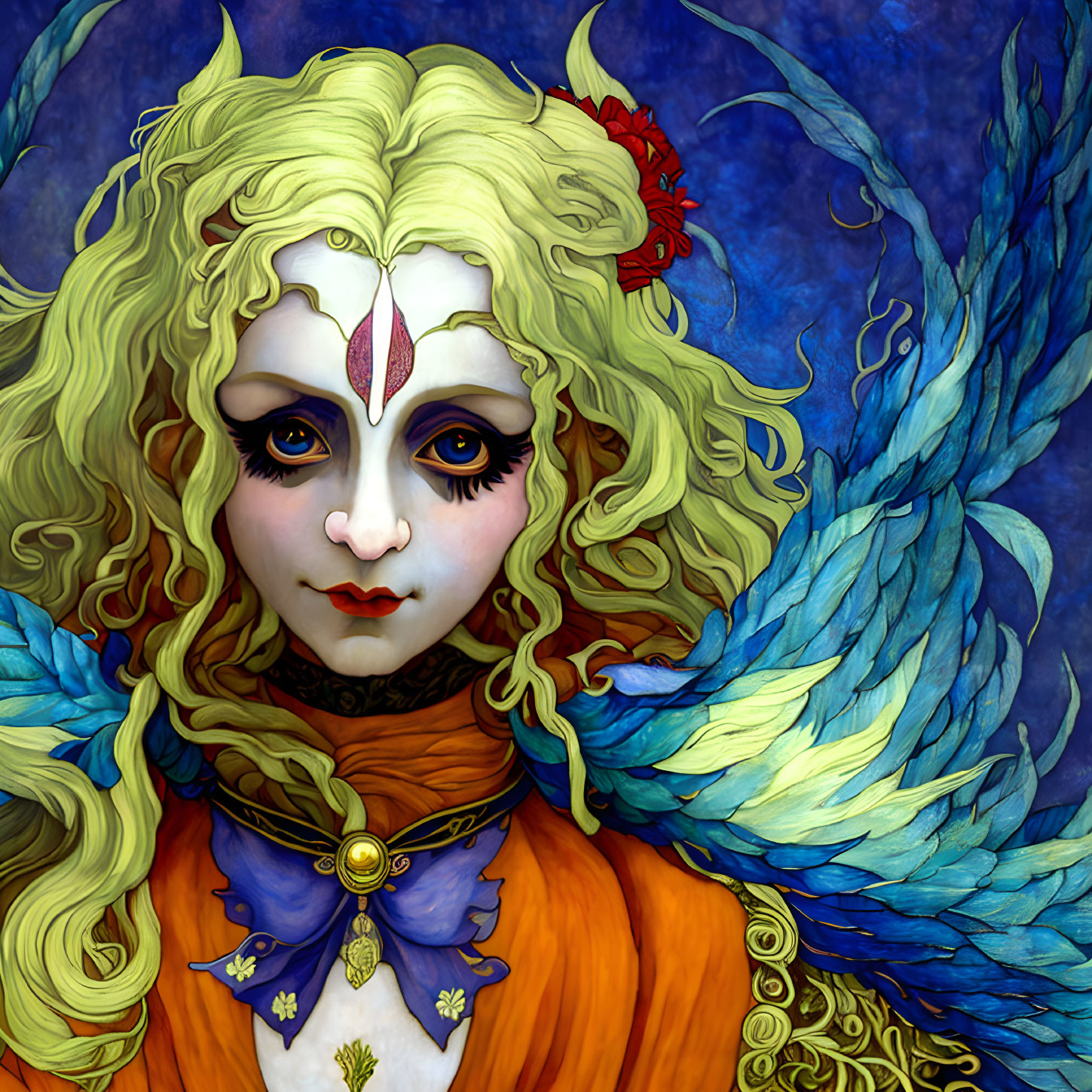 Character illustration with white face makeup, blue and gold feathers, orange garment, and floral hair element.