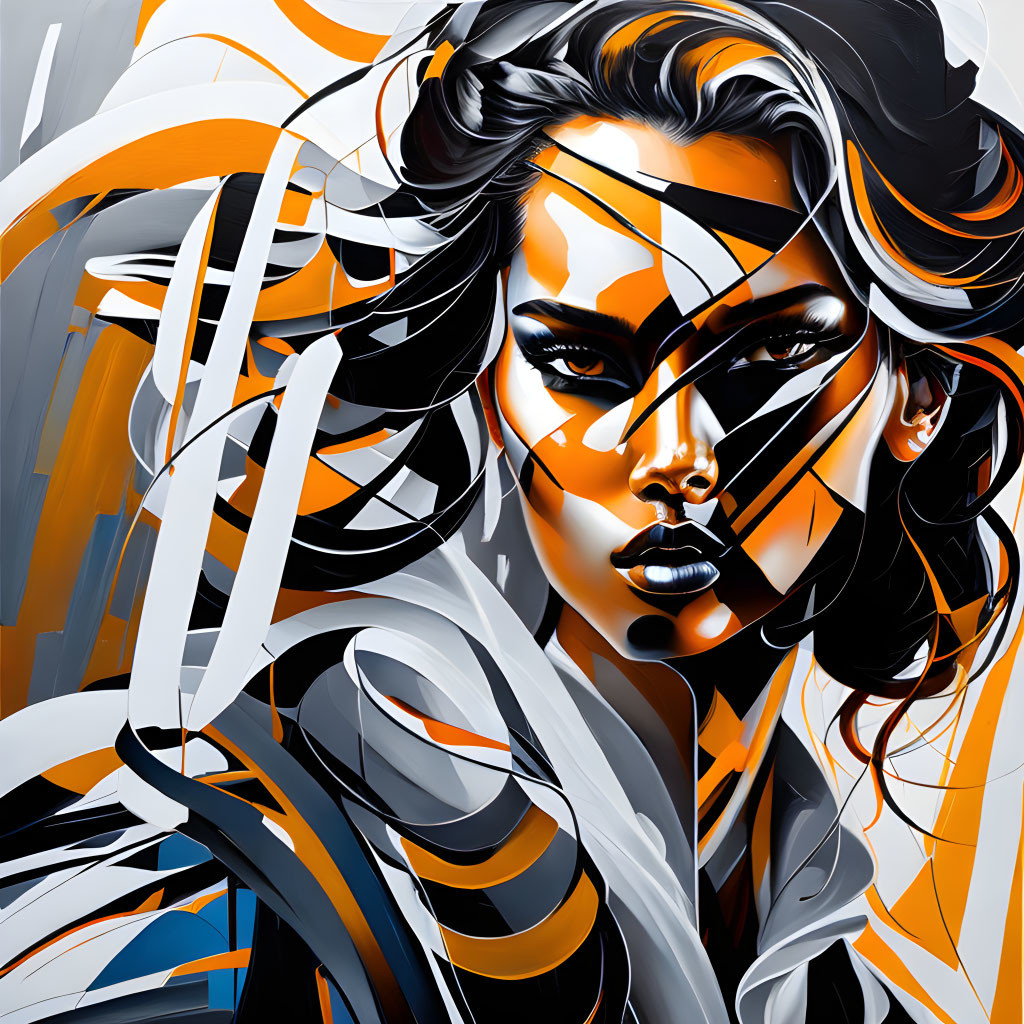 Abstract digital portrait with black, white, and orange geometric shapes intertwined in flowing hair