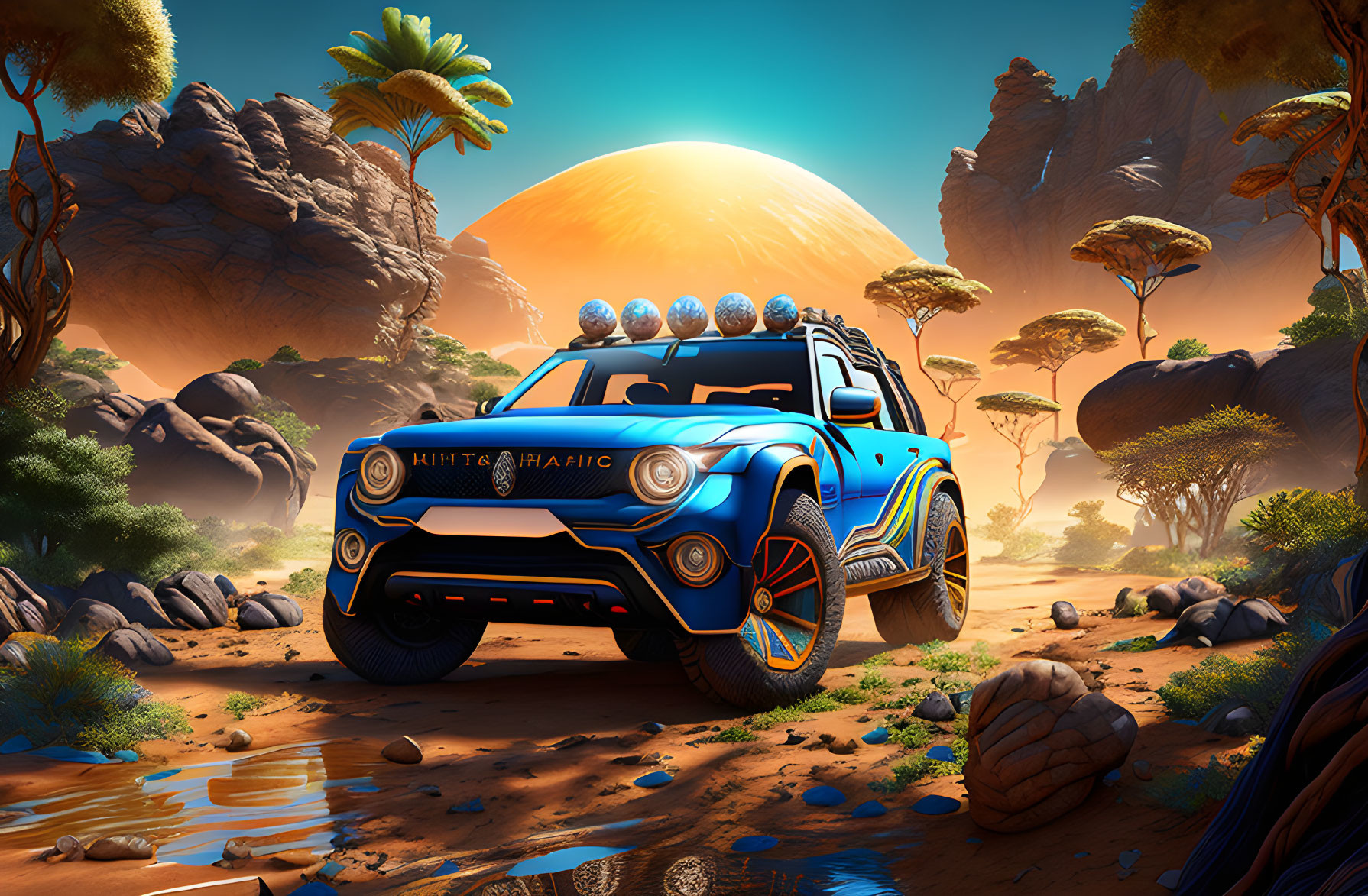 Colorful Off-Road Vehicle in Desert Sunset Scene