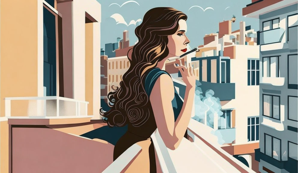 Illustration of woman with wavy hair smoking on balcony overlooking cityscape