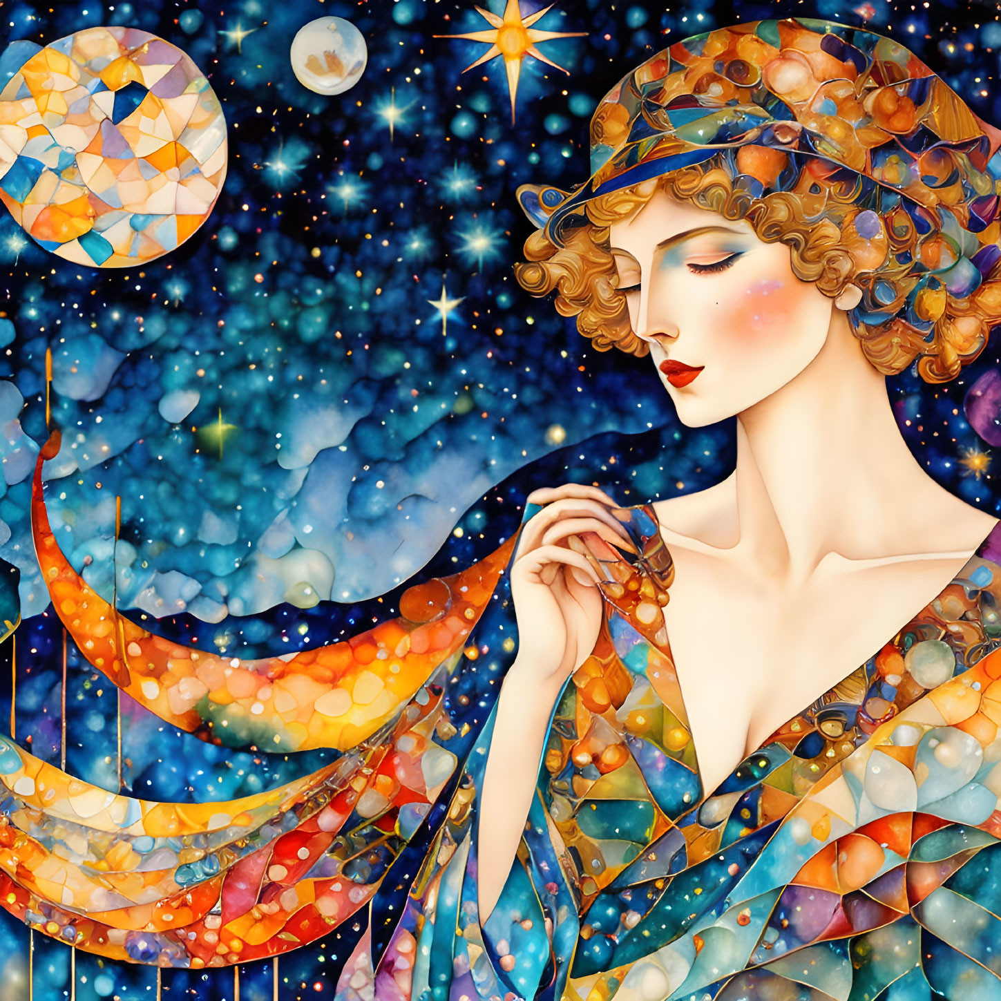 Woman in cosmic-themed attire surrounded by stars and celestial bodies in Art Nouveau and mosaic styles