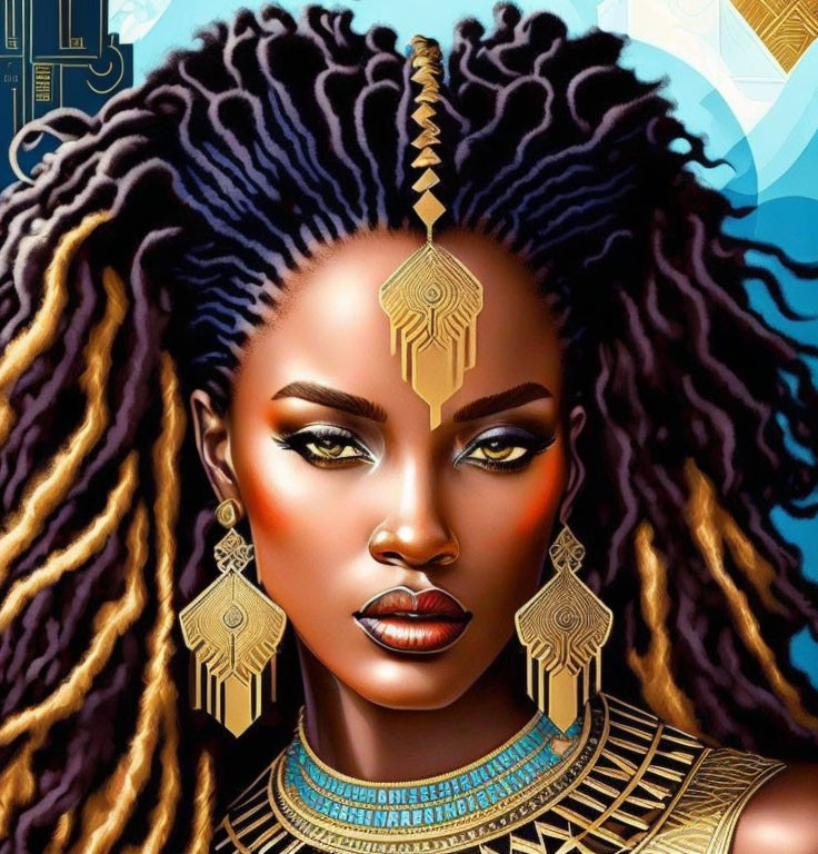 Detailed Digital Illustration: Woman with Gold Jewelry & African Patterns