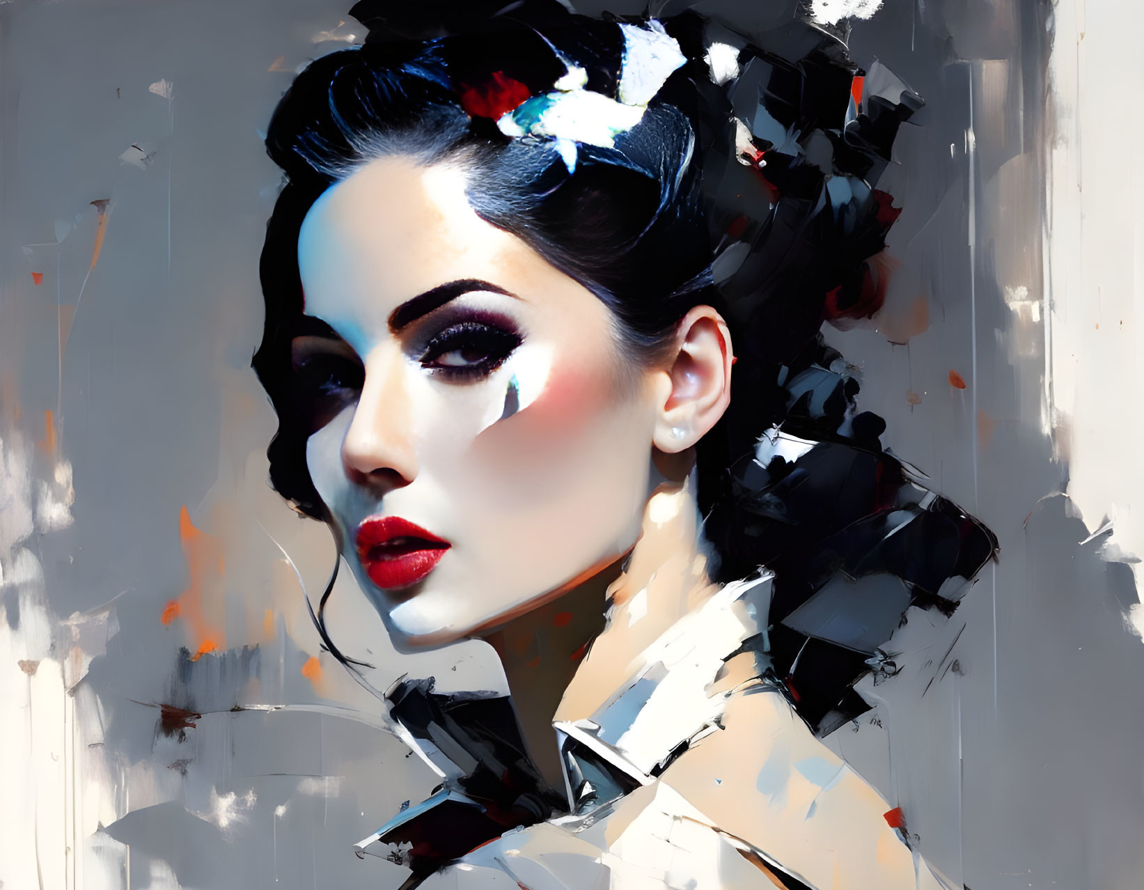 Abstract digital art portrait of a woman with stylized makeup