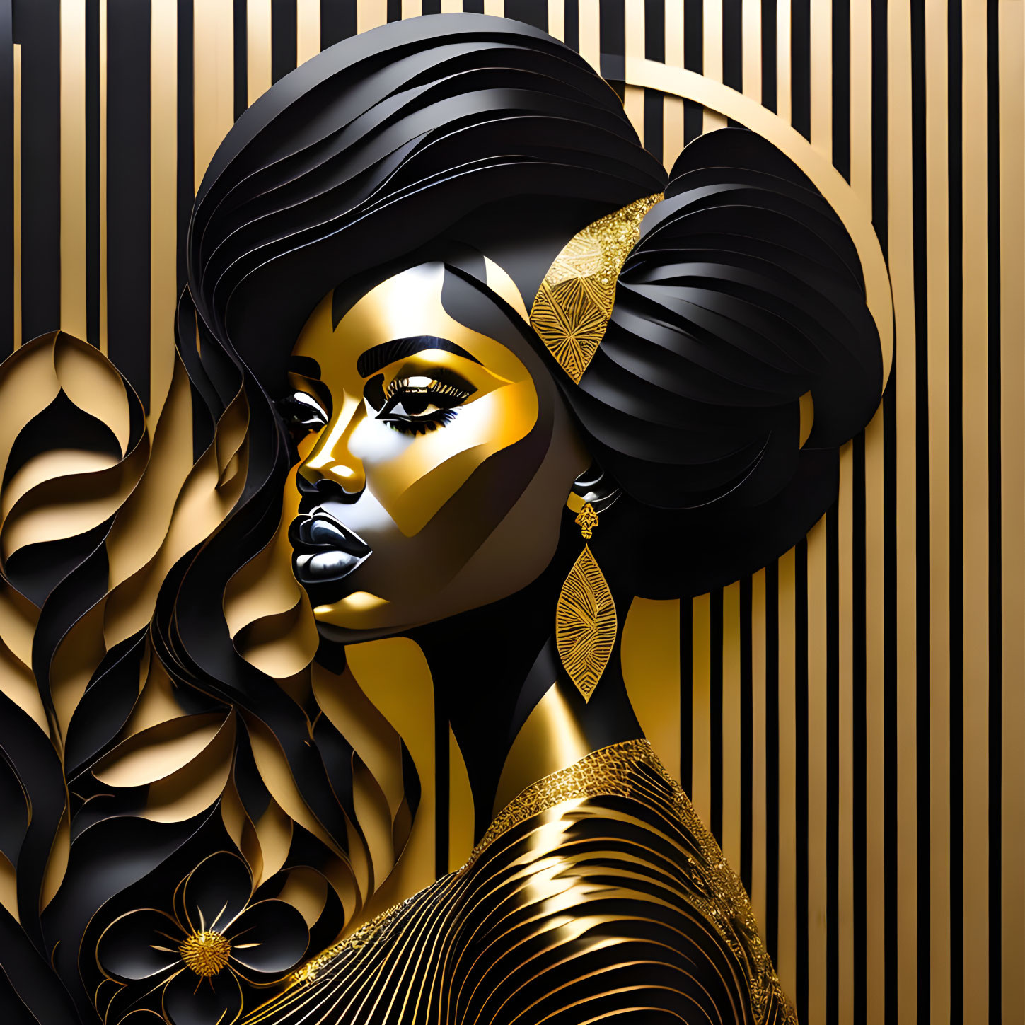 Luxurious gold and black themed woman illustration with stylized features