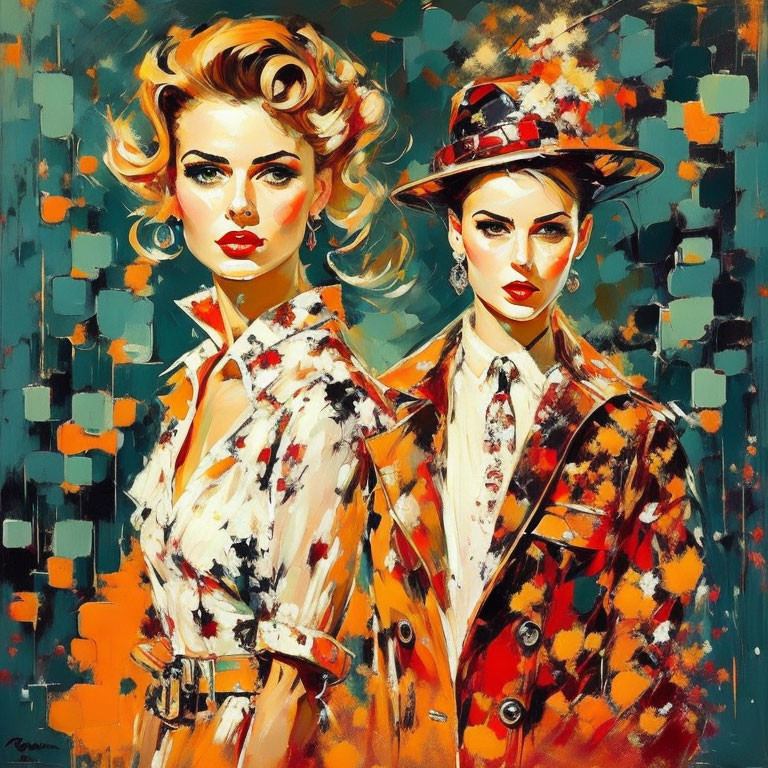 Abstract painting of two stylized women in vibrant attire and striking makeup posing confidently against colorful background