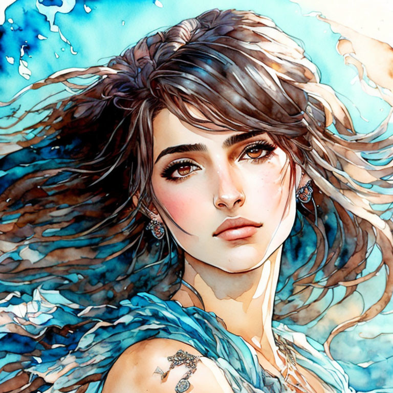 Detailed woman illustration with flowing hair and blue tones merging with water elements