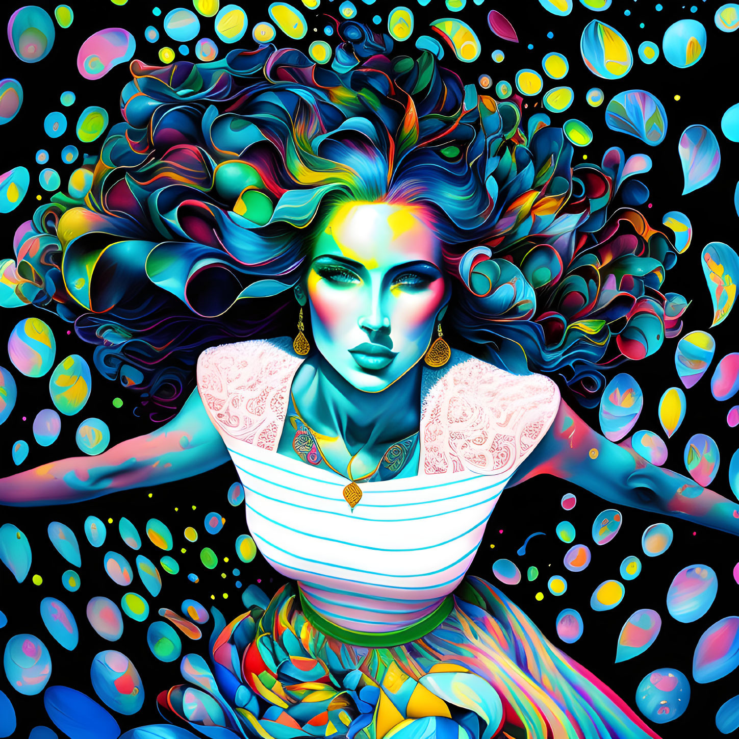 Colorful Artwork of Woman with Flowing Hair in Psychedelic Setting