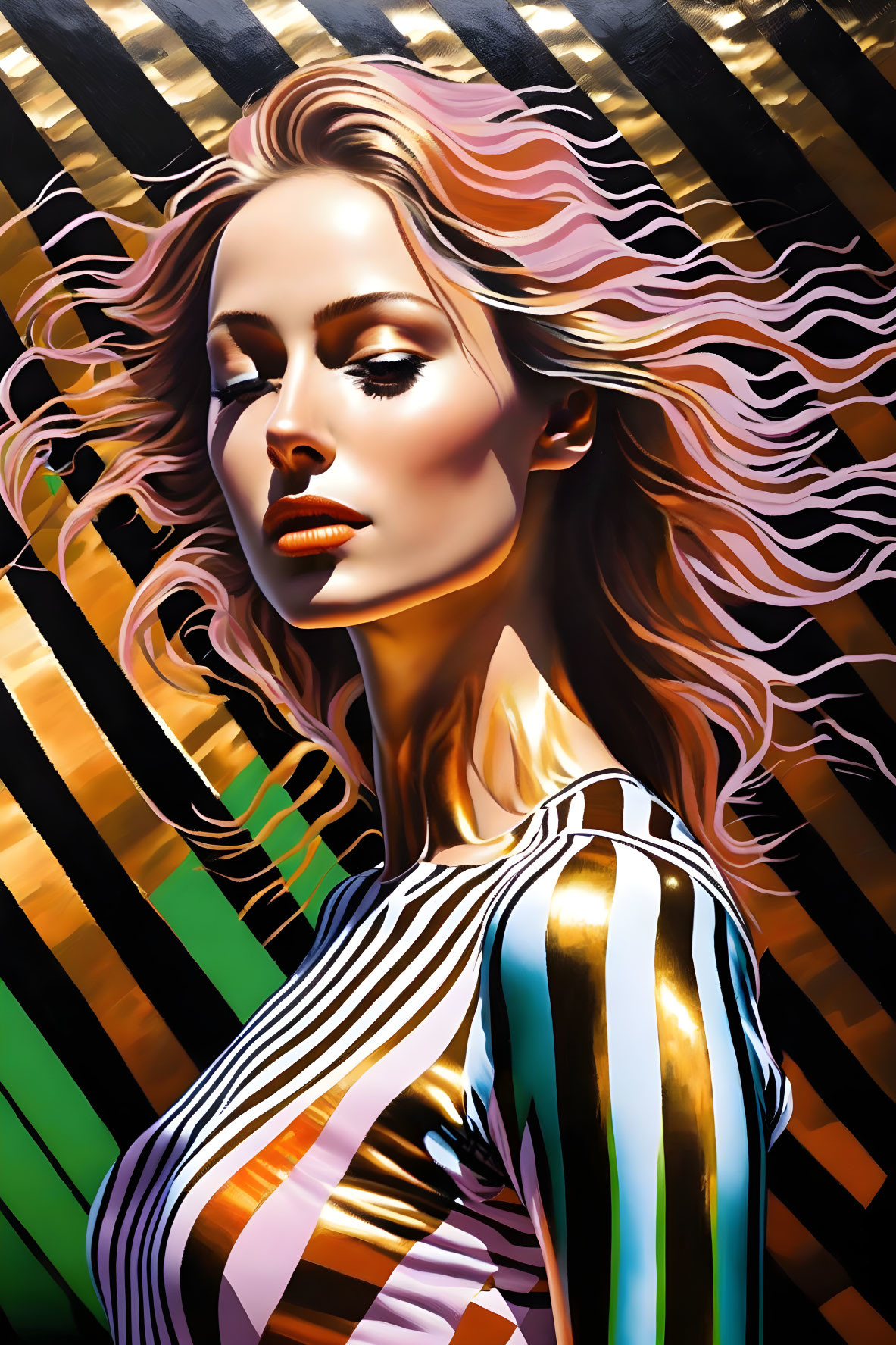 Colorful painting: Woman with pink hair in striped clothing on geometric background.