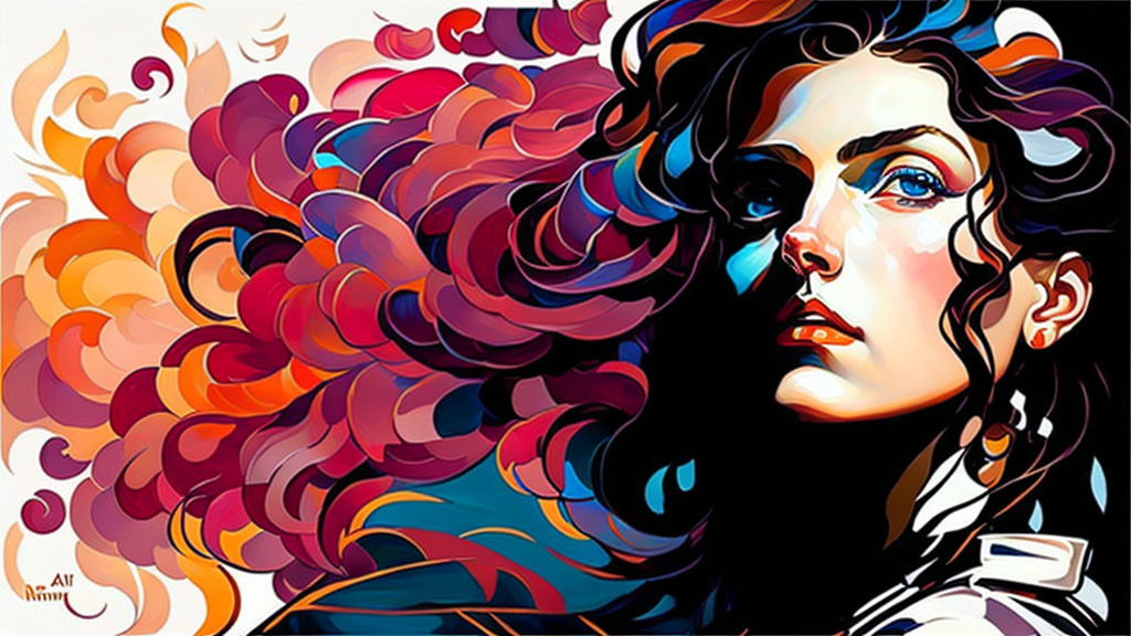 Colorful Stylized Woman with Flowing Hair and Blue Eyes