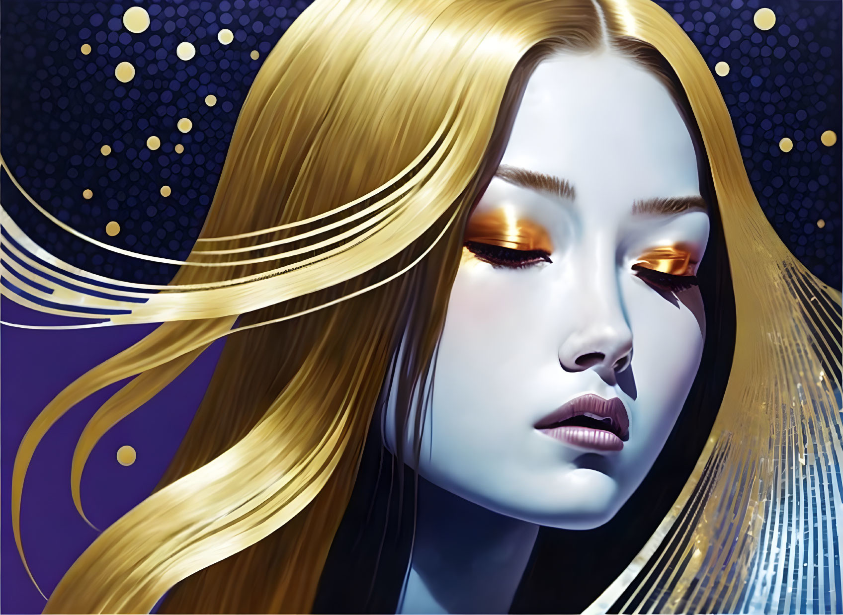 Illustrated portrait of woman with golden hair and amber eyes on starry blue background