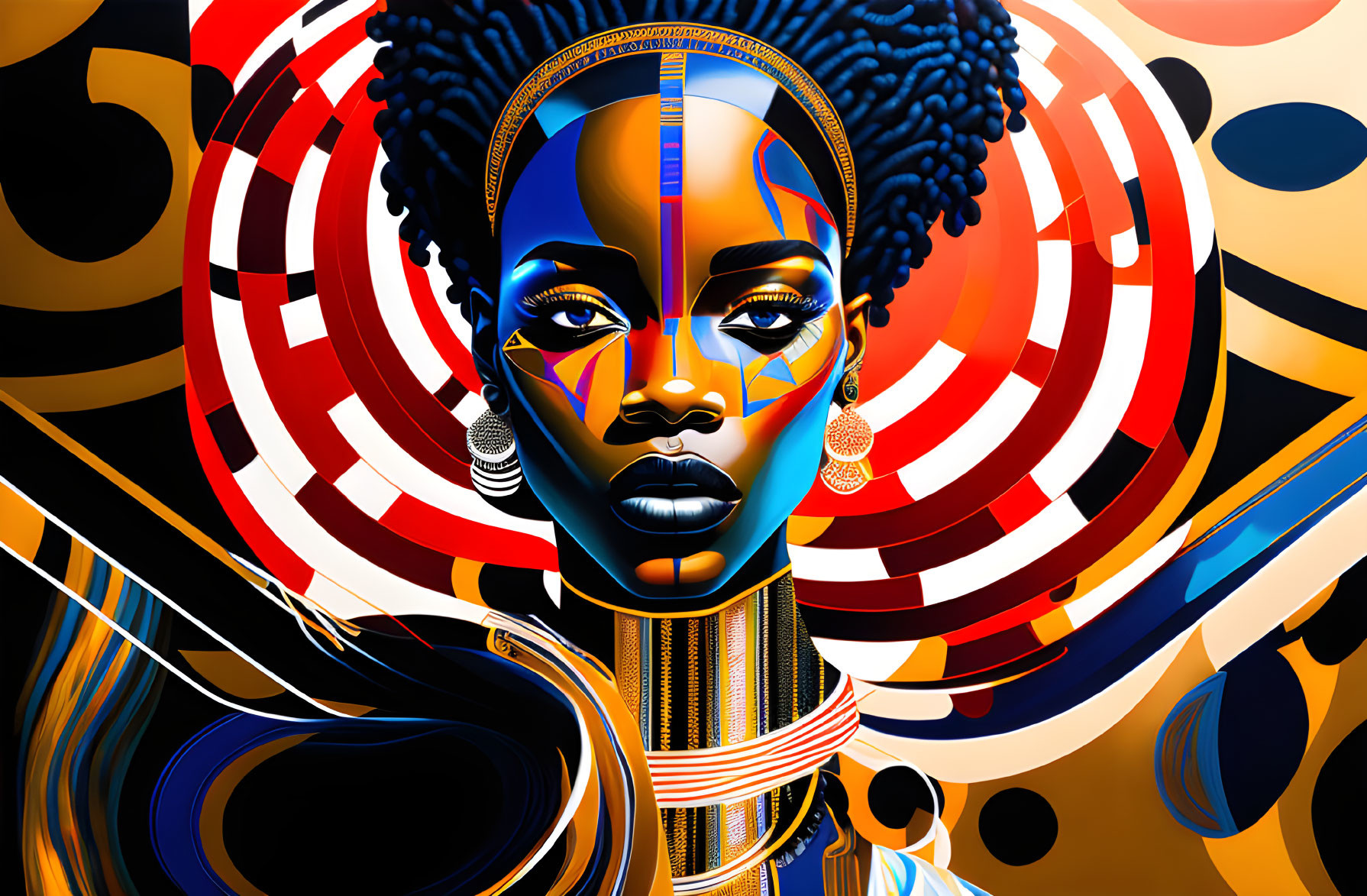 Colorful digital artwork of a woman with African-inspired patterns and jewelry